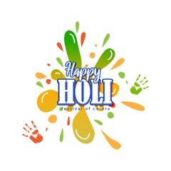Naklejka premium Vector illustration of Happy Holi greeting, written Hindi text means It's Holi Festival of Colors, festival elements with colorful background 