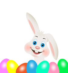 Osterhase Portrait, weißer Widder Hase mit hängendem Ohr und bunte Oster-Eier,
Vektor Illustration isoliert auf weißem Hintergrund
