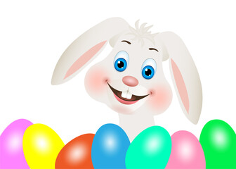 Osterhase Portrait, weißer Widder Hase mit hängende Ohren und bunte Oster-Eier,
Vektor Illustration isoliert auf weißem Hintergrund
