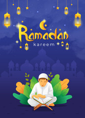 Ramadhan kareem greetings card with kid reading quran vector image