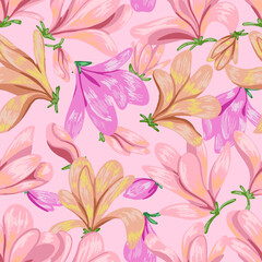Blooming magnolia flowers seamless pattern. Hand drawn vector illustration. Spring season botanical background. Colored vintage ornament. Design for fabric, textile, wallpaper, print, decor, wrap.