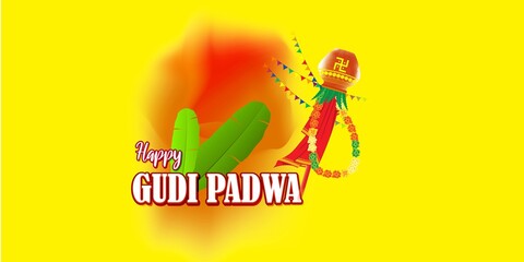 Vector illustration concept of Happy Ugadi greeting with kalasha and traditional food. Also called Gudi Padwa. South Indian New Year's Day.