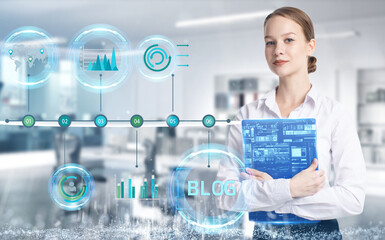 Business, technology, internet and network concept. Young businessman thinks over the steps for successful growth: Blog