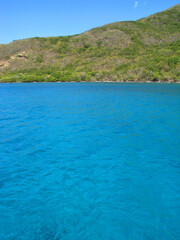 Azure crystal clear water in the Caribbean, spotles blue sky reflected in shallow turquoise water...