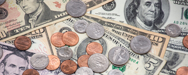 banknotes and coins on a table. Dollar United states.