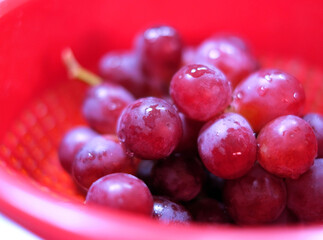 Tasty red grapes in a bowl, selective focus, soft light.
