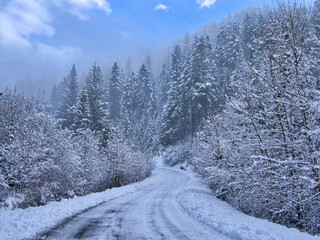 USA, Washington State, Cle Elum, Kittitas County. Colorful winter landscape of rural town.