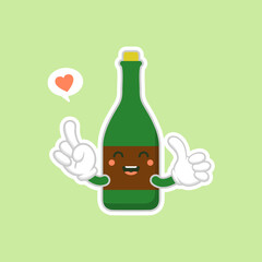 cute and kawaii wine bottles over green background, colorful design. flat design vector illustration. Cartoon kawaii Champagne with Smile and Smiling eyes. Cute Champagne bottle
