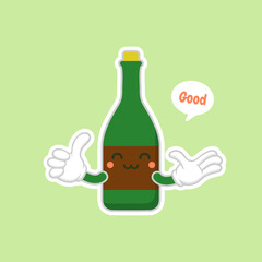 cute and kawaii wine bottles over green background, colorful design. flat design vector illustration. Cartoon kawaii Champagne with Smile and Smiling eyes. Cute Champagne bottle