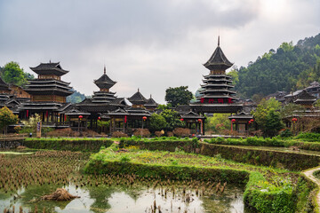 The gate of Zhaoxing Dong Village in the early spring morning