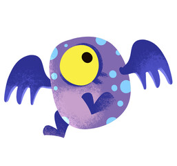 Alien purple flying clipart. A monster with wings and one eye. Poster for the nursery. Halloween, space, aliens. Cute illustration in cartoon childish style. The image is isolated on a white backgroun