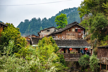 Fototapeta na wymiar Diaojiaolou in Dongzhai Village, Zhaoxing, Southeast Guizhou, China