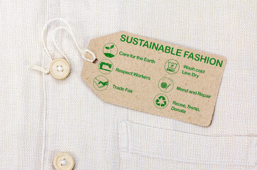 sustainable fashion label with care for the earth, respect for workers, trade fair, wash cold, line...