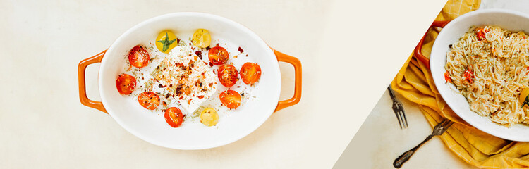 long format vegan food banner. baked feta cheese with tomatoes, herbs and olive oil. ready-made dish cheese paste and vegetables