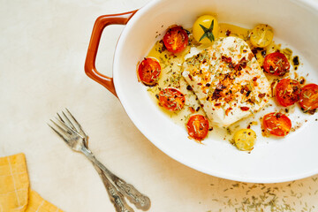 baked feta cheese with small tomatoes in olive oil with herbs and spices in ceramic baking dish on table with yellow cotton kitchen towel. popular vegan recipe home cooking. eat less meat. top view