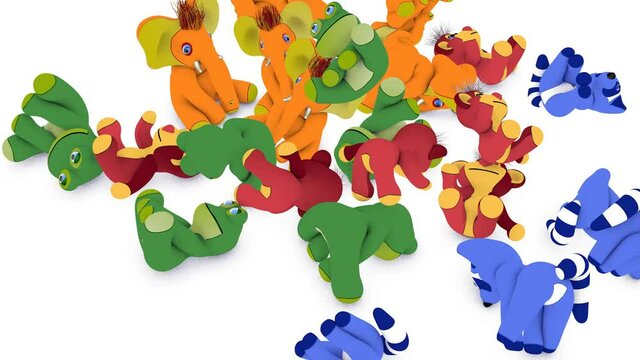 3d animation of several stuffed animals falling to the ground, piling up. With vivid colors on a white background.