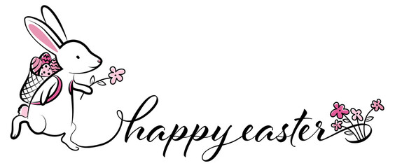 Easter bunny with easter eggs and spring flowers card calligraphy typography vector illustration