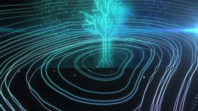 Animation of glowing computer circuit board treen and green lines in background