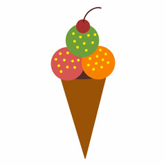 Multicolored balls of ice cream with cherries in a waffle cone. Vector icon of sweet summer dessert. Color illustration in flat style, simple print for summer design