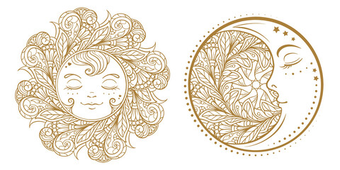 Ethnic sun and moon symbols. Temporary tattoo set.
