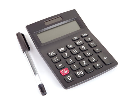 Calculator and signature pen on white background