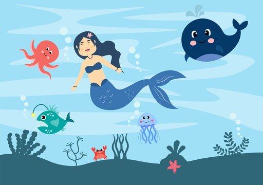 Underwater Mermaid Vector Illustration Cute Sea Animals Cartoon Characters Along with Fish, Turtle, Octopus, Seahorse, Crab