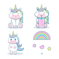 collection cute unicorn with rainbow isolated on white background.
