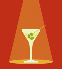 Vector illustration of martini cocktail with olives. Retro poster of popular alcoholic drink.