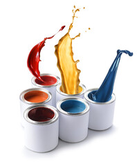 Cans of paints with splashes on white background