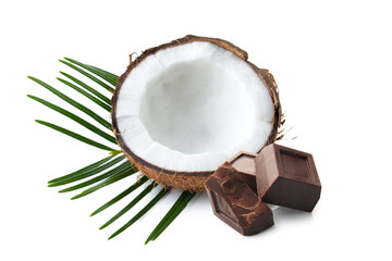 Tasty chocolate candies and coconut on white background