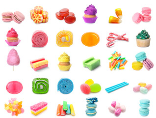 Set of different sweets on white background