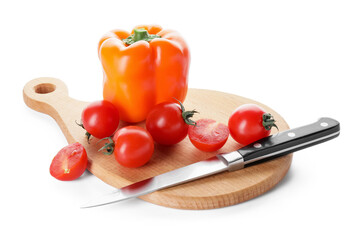 Cutting board with bell pepper, tomatoes and knife on white background