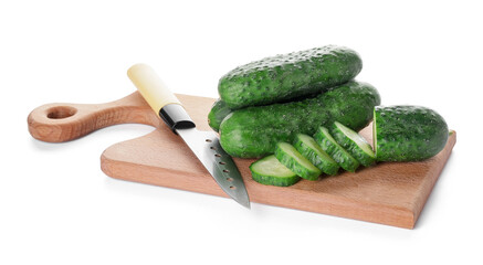Cutting board with cucumber and knife on white background