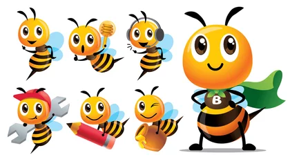 Fotobehang Cartoon cute bee character series with different type of poses. Cute Bee with superhero costume, holding pencil, holding honey dripper and honey pot, holding spanner - mascot set © charactoon