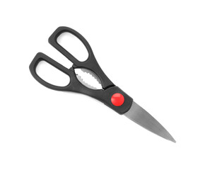 Steel scissors on white background