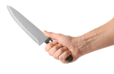 Male hand with knife on white background