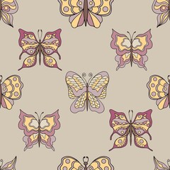 Fototapeta premium Beautiful butterflies. Seamless pattern. Pastel colors. Collection of isolated flat cartoon vector illustrations.