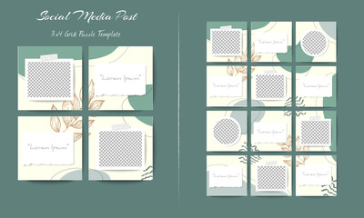 Social media feed post template set in grid puzzle style with organic shape background