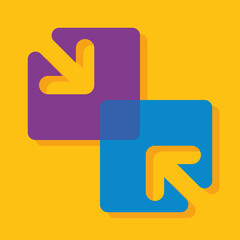 two square with arrow merge and collide on yellow background. Partnership, merger, alliance and integration concept. Flat design. Vector illustration, no transparency, no gradients