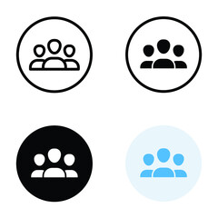 3 people icon in different style. Outline, glyph, solid, and flat style design. Multi user, circle, group, person, service concept. Crowd sign symbol. Vector illustration isolated. EPS 10.