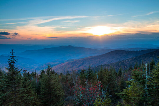dramatic autumn sunset overlooking the Appalachian mountains viewed from Clingmans Dome  in the Great Smoky Mountain National Park in Tennessee.