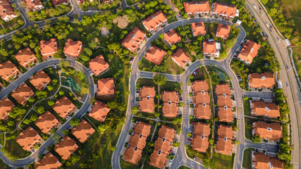Top view of the Resident houses with red tiled roof on the green grass, Architecture, building concept.