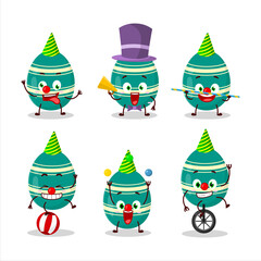 Cartoon character of teal easter egg with various circus shows