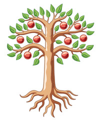 Big tree with apples. Color illustration. Traditional symbol in heraldry. Vector graphics