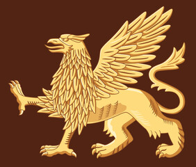 Illustration of a golden griffin isolate. Traditional heraldry. Vector graphics