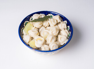 Dumplings in the national dish. Russian and Asian traditional cuisine. Studio photography