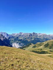 Panoramic view of the Swiss Alps on a clear summer day