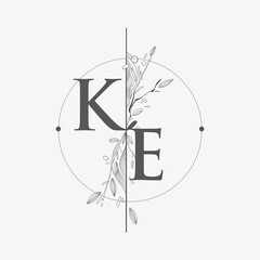 Letter KE Initial Logo with Hand Draw Floral, Initial Wedding Font Logo with Circle and Flowers. - obrazy, fototapety, plakaty