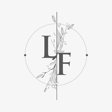 Letter LF Initial Logo with Hand Draw Floral, Initial Wedding Font Logo with Circle and Flowers.