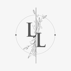 Letter LL Initial Logo with Hand Draw Floral, Initial Wedding Font Logo with Circle and Flowers.
